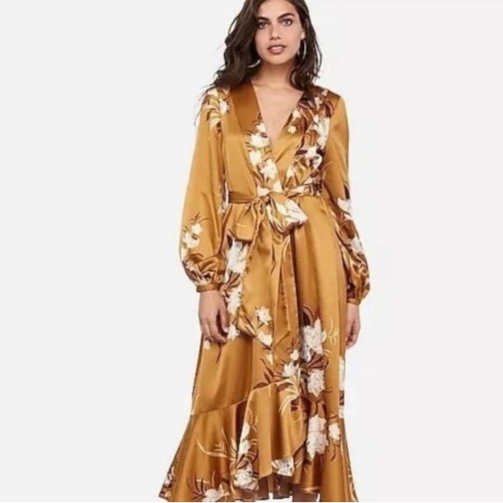 Express Mustard Floral Satin Wrap Maxi Dress with Long Sleeves - Picture 2 of 5